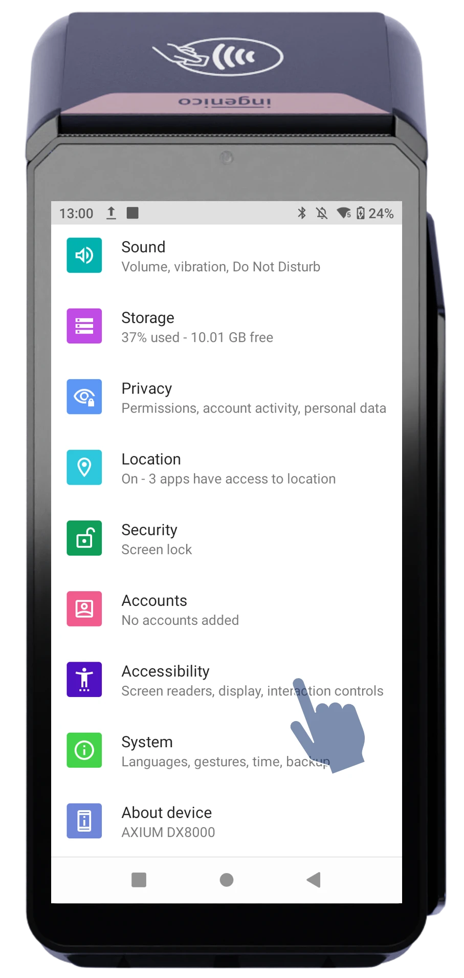 Mobile device settings menu showing sound, storage, privacy, location, accessibility and system options on POS terminal